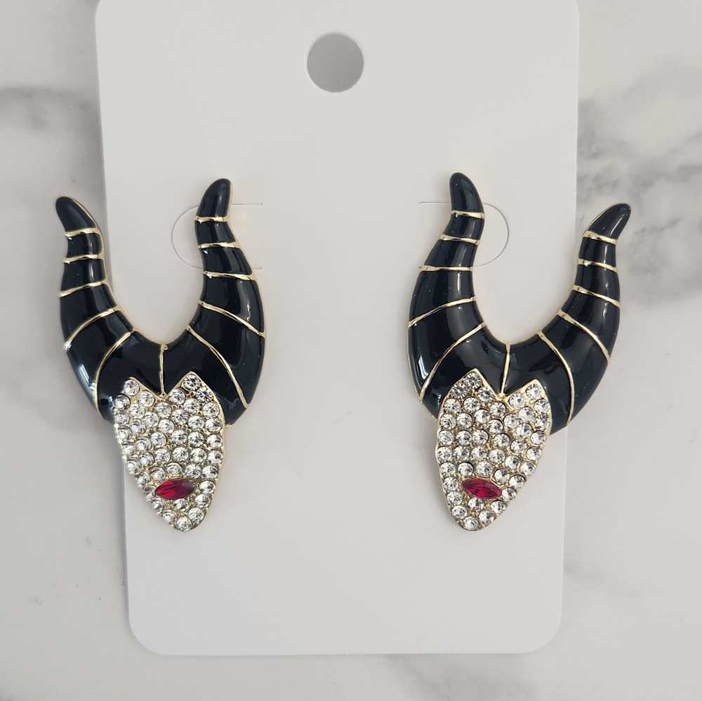​Disney Maleficent Horns Rhinestone Dangle Earrings Villain Gothic Halloween - Picture 2 of 9